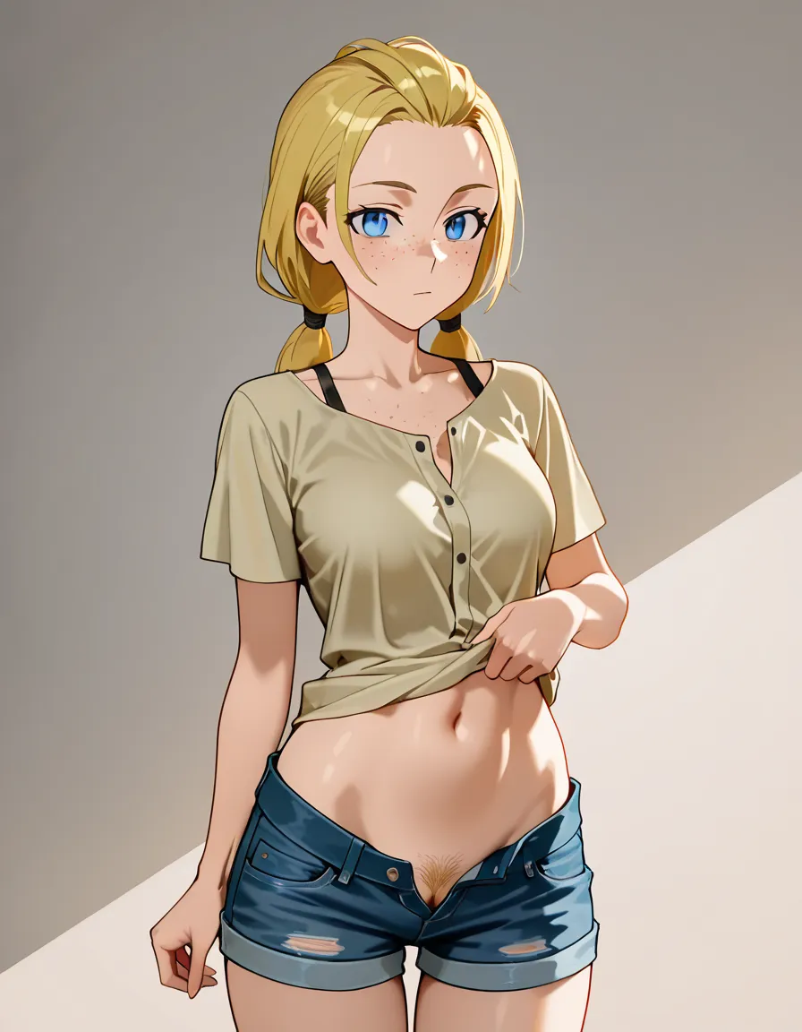 A girl, not very tall, blonde, with her hair tied back in two ponytails, freckles all over her body, blue eyes, a smaller-than-average bust, wearing a blouse that’s almost unbuttoned, short denim shorts, the shorts are unbuttoned enough to reveal her pubic area, with a strip of shaved hair on her pubis; she’s wearing trainers, black ripped tights, a bag over her shoulder, a packet of condoms on her shorts’ waistband, and a mobile phone in her hand; she’s standing on the threshold of the flat, looking inside, her lip bitten, her face flushed with excitement,cute, Slim waist, glance anime, anima style, draw style, dynamic lighting,, hentai_studio_quality