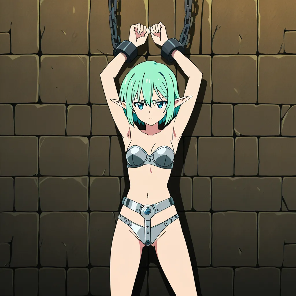 solo female elf, fantasy setting, wearing silver chastity belt and  chastity bra, standing in bondage restraints, chained to the stone wall in a dungeon room, spread limbs, legs spread and arms above head. stationary restraints, visible navel and armpits, wearing tiny blue earrings, blonde hair, leather gag mask strapped over mouth, visible pulsating struggling, squirming in restraints