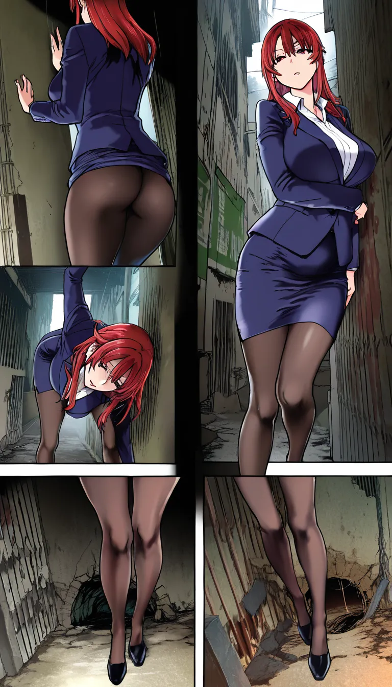 Masterpiece, best quality, ultra-detailed, detailed background, manga-style 4-panel layout, 4 scenes, art by Shiwasu no Okina, rich colors.
Scene 1: An office woman is stuck, her waist wedged into a hole in the wall of an abandoned building; her lower body is completely exposed in the alleyway. Scene 2: A man in work clothes kneads her buttocks with both hands; she is flustered but begins to become sexually aroused. Scene 3: The man, wearing a sly grin, performs vaginal penetration. Scene 4: The man grips her buttocks and thrusts his hips vigorously; creampie. The woman arches her back, reaching the peak of pleasure, and gasps intensely. Includes Japanese sound effects, speech bubbles, and dialogue., hentai_studio_quality