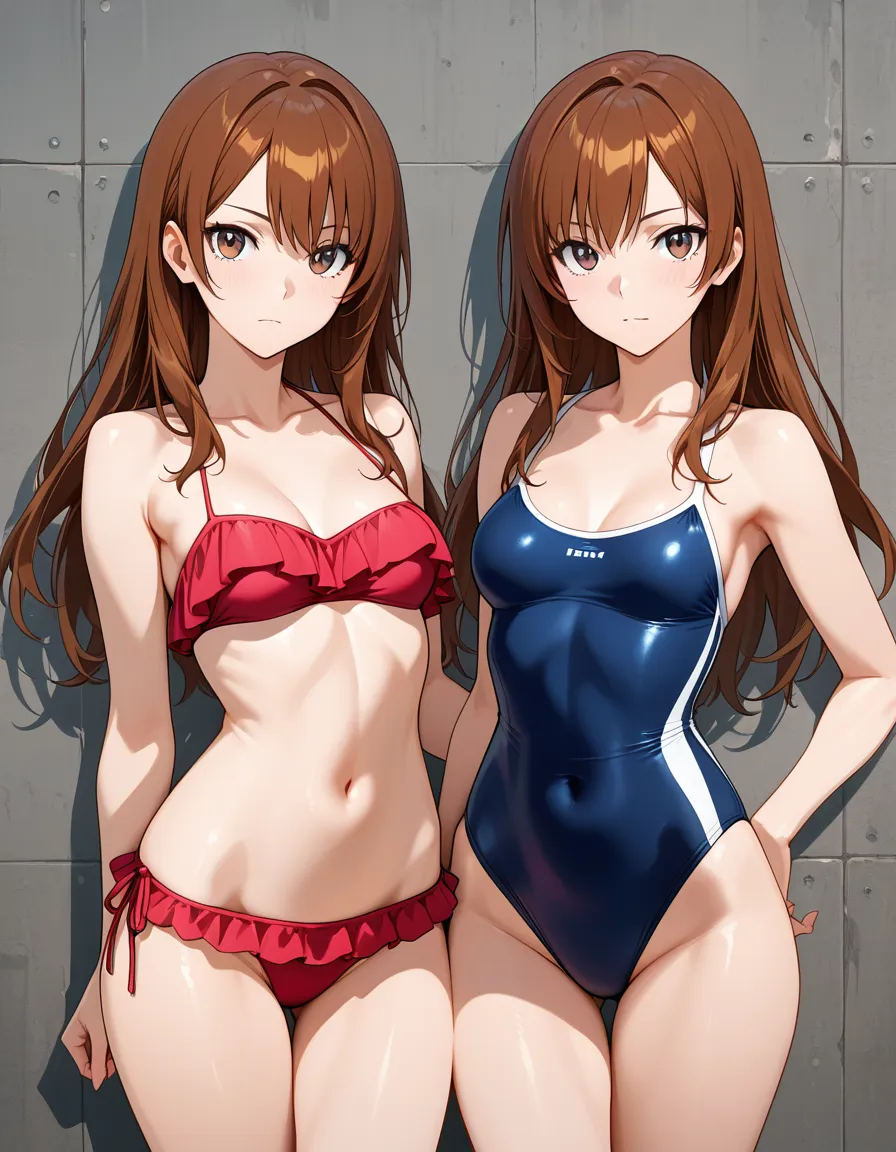 masterpiece, full_body, brown_hair, long_hair, frills, swimsuit, small_breasts, hentai_studio_quality