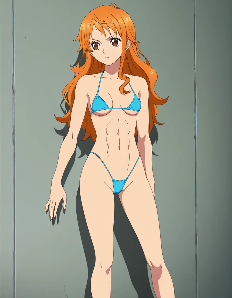 best quality, explicit detail, 1girl, @nami_(one_piece), anime render, official_art, small_breasts, orange_hair, long_hair, brown_eyes, athletic, abs, highleg_bikini, micro_bikini,, (anime style:1.3), 2d, anime screencap, cel shading, flat color