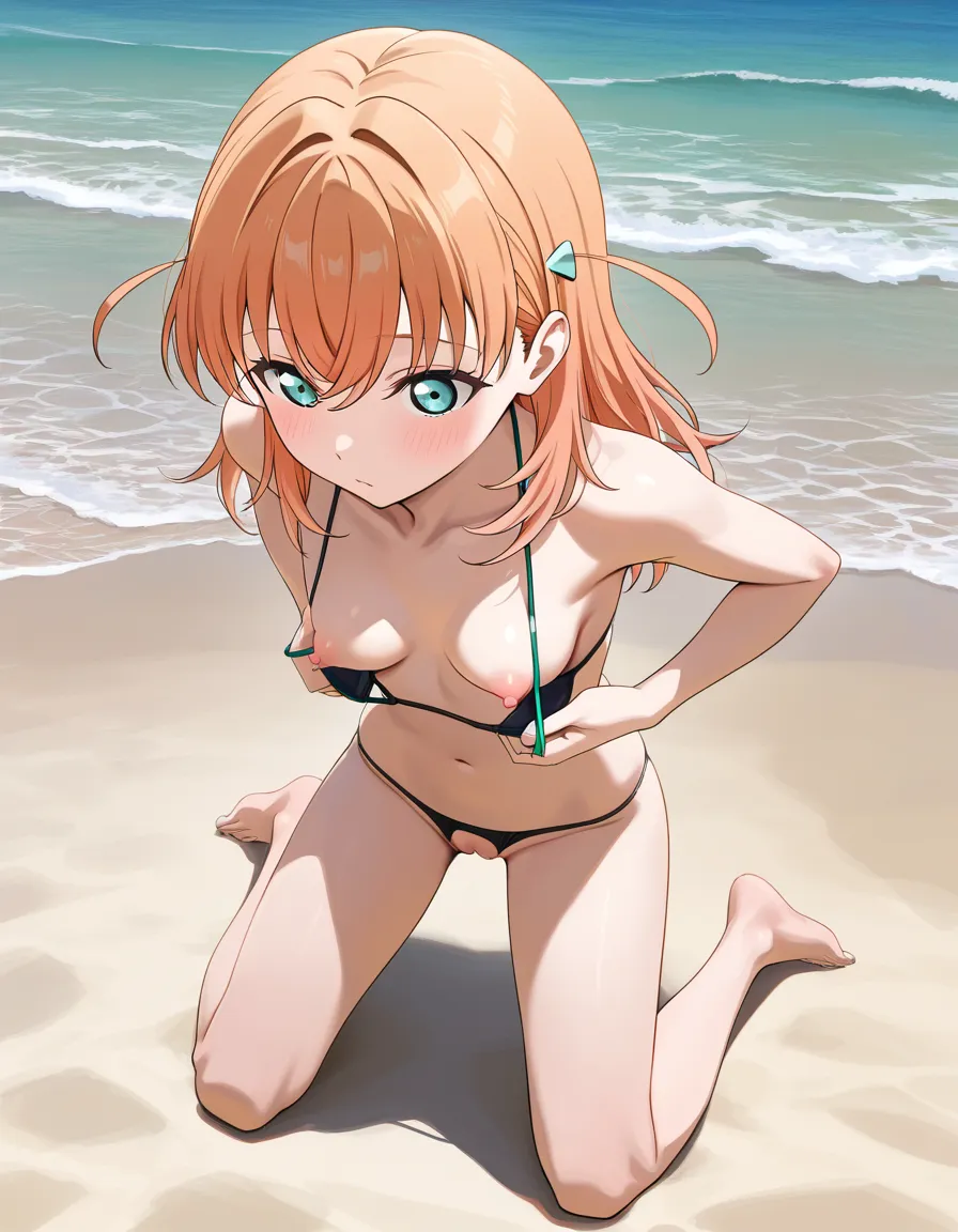 high quality, kaho hinoshita, peeled back swimsuit, undressing, bikini, exposed pussy, exposed nipples, 18 years old, small breasts, cute, kneeling, begging, beach, full body, top down angle, bare feet, kaho love live, pretty girl, taking off bikini, bare breasts, breasts_squeezed_together, hentai_studio_quality, hentai_studio_quality