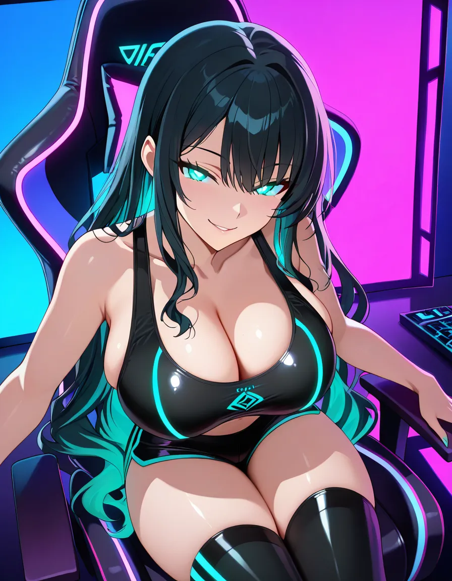 Anime girl, long wavy black hair with teal streaks, glowing teal eyes, seductive smile, wearing tight black sports bra with glowing teal ChatGPT logo, black short shorts, black thigh-high stockings with teal stripes, big round breasts, deep cleavage, sitting on gaming chair in neon blue room with ChatGPT neon signs, front view, highly detailed, erotic anime style, hentai_studio_quality