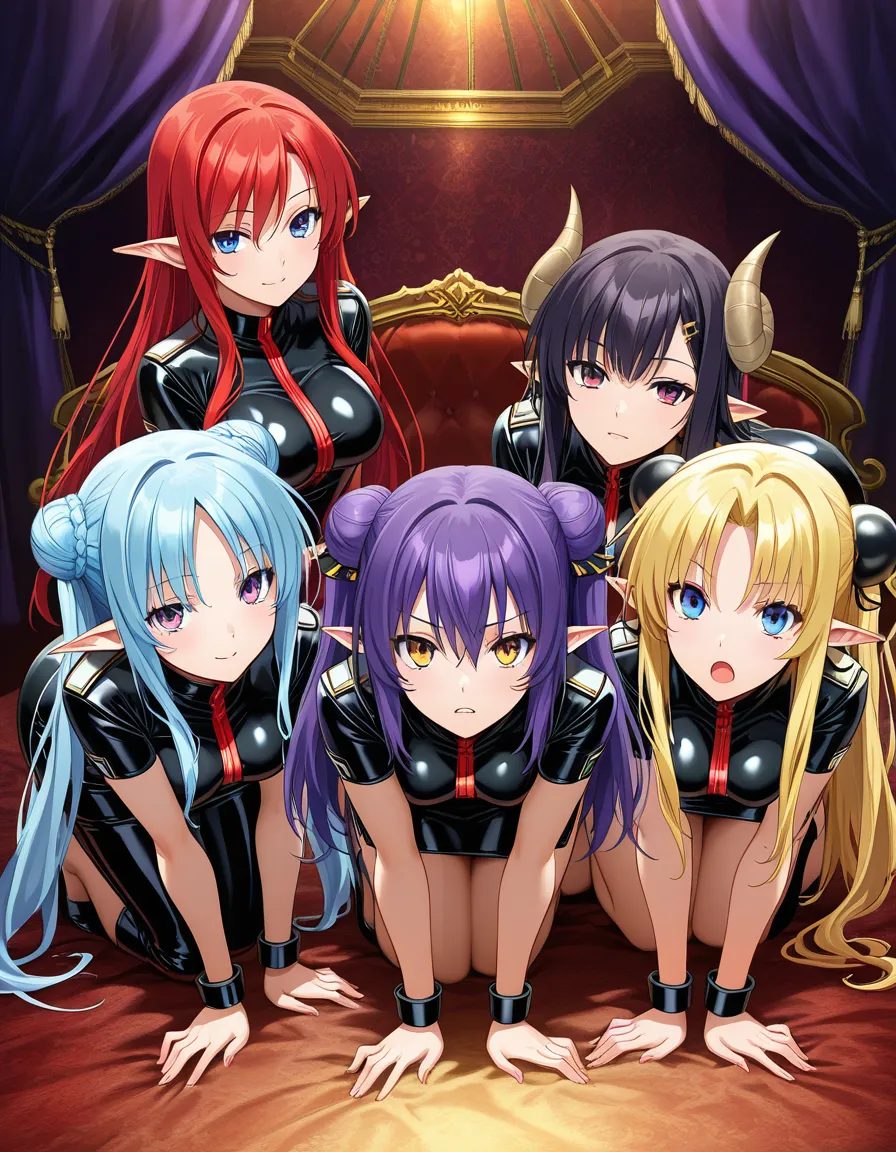 highres, vivid, 4girls, on all fours, pointy ears, visual novel art, hentai_studio_quality