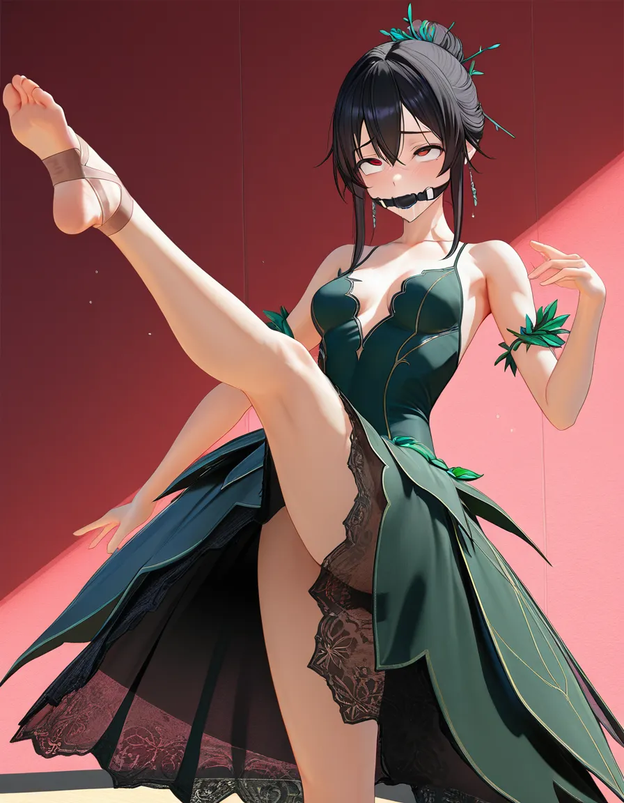 1girl , full_body , ballerina dress , feet , leg_up , gagged , ahegao , small_breasts , thorn clothing, high quality, score_9, score_8, 3d render, octane render, subsurface scattering, ray tracing, smooth shading
