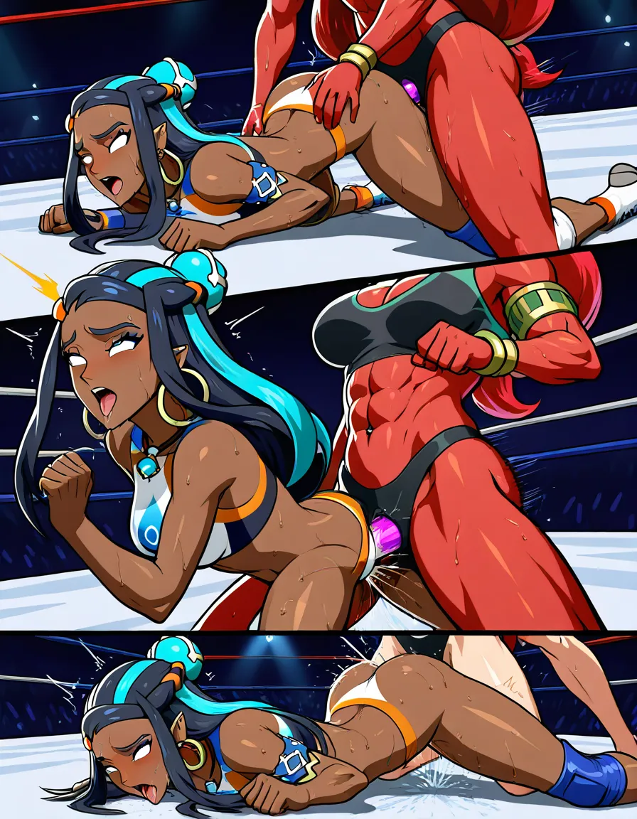 Urbosa_(legend_of_zelda) , nessa_(pokemon) orgasm , wrestling, strapon , vaginal_object_insertion , catfight , squirting , ahegao , defeated, exhausted, sweat, doggystyle, "match the exact art style, lighting, colors, and composition of the last image", hentai_studio_quality, hentai_studio_quality
