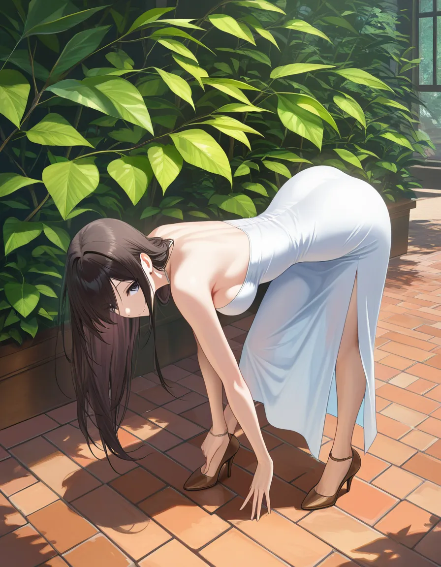absurdres, highres, solo, brown footwear, cocktail dress, bent over, leaf, dreamy atmosphere, detailed shading, hentai_studio_quality