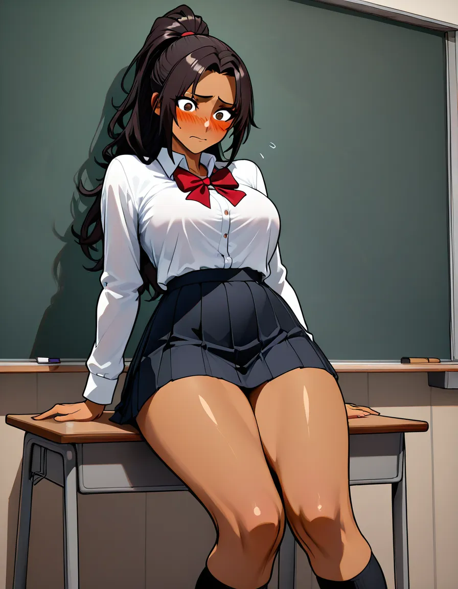 A hentai image of teacher standing next to a girl sitting at her desk,  the girl has curly dark hair in a high ponytail, warm brown skin, athletic build, wearing school_uniform, the man wears teacher attire, tall and lean, They are both clearly visible, full‑body, in a classroom. The girl sits embarrassed, while the man stands next to her with one hand holding his erect penish with his hand out front of the girls face, two distinct people, no merging, no missing person, no single‑person image., hentai_studio_quality