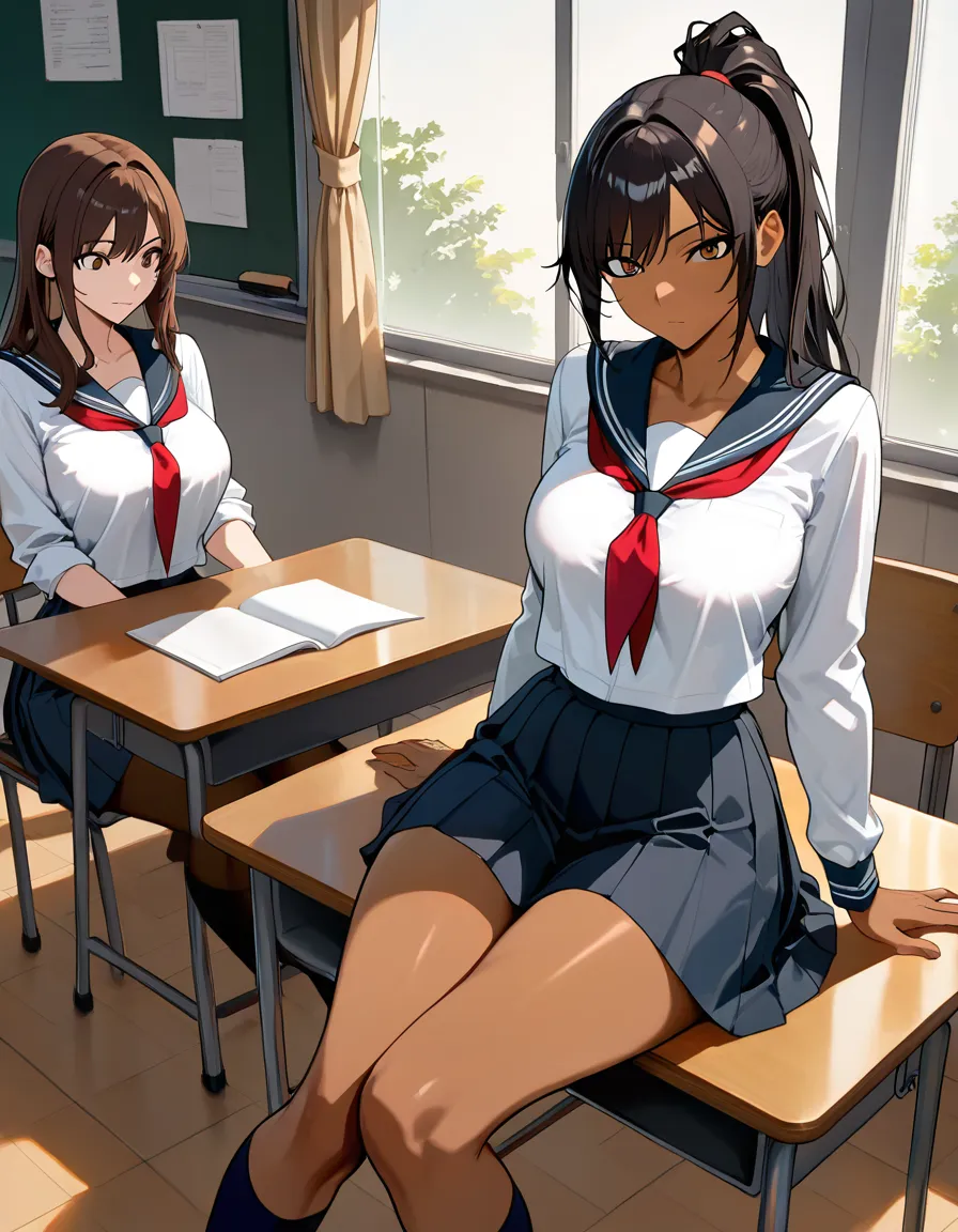 masterpiece, best quality, very aesthetic, a hentai image of a man standing next to a girl sitting at her desk, the girl has curly dark hair in a high ponytail, warm brown skin, athletic build, wearing school_uniform, the man wears teacher attire, tall and lean, They are both clearly visible, full‑body, in a classroom. The girl sits embarrassed, while the man stands next to her holding his erect penis sticking out of his pants with his hand out front of the girls face, two distinct people, no merging, no missing person, no single‑person image., hentai_studio_quality, hentai_studio_quality, hentai_studio_quality