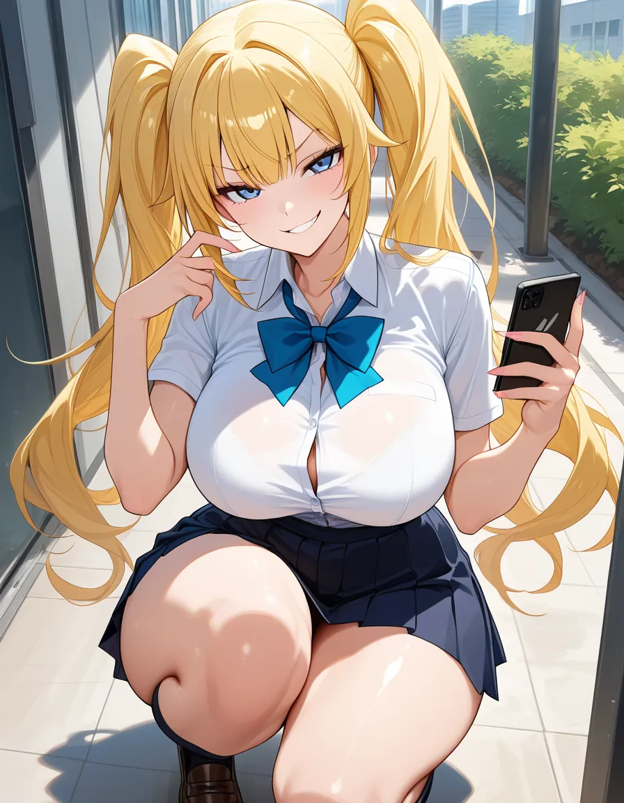 smug twintails blonde_hair blue eyes smirk school_uniform large_breasts wide_hips thick_thighs 1girl looking_at_viewer squatting holding_phone hentai_studio_quality,, hentai_studio_quality