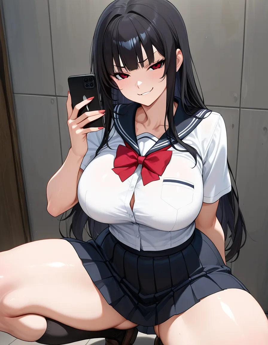long_hair black_hair red_eyes smug smirk school_uniform large_breasts wide_hips thick_thighs 1girl looking_at_viewer squatting holding_phone hentai_studio_quality,, hentai_studio_quality, hentai_studio_quality