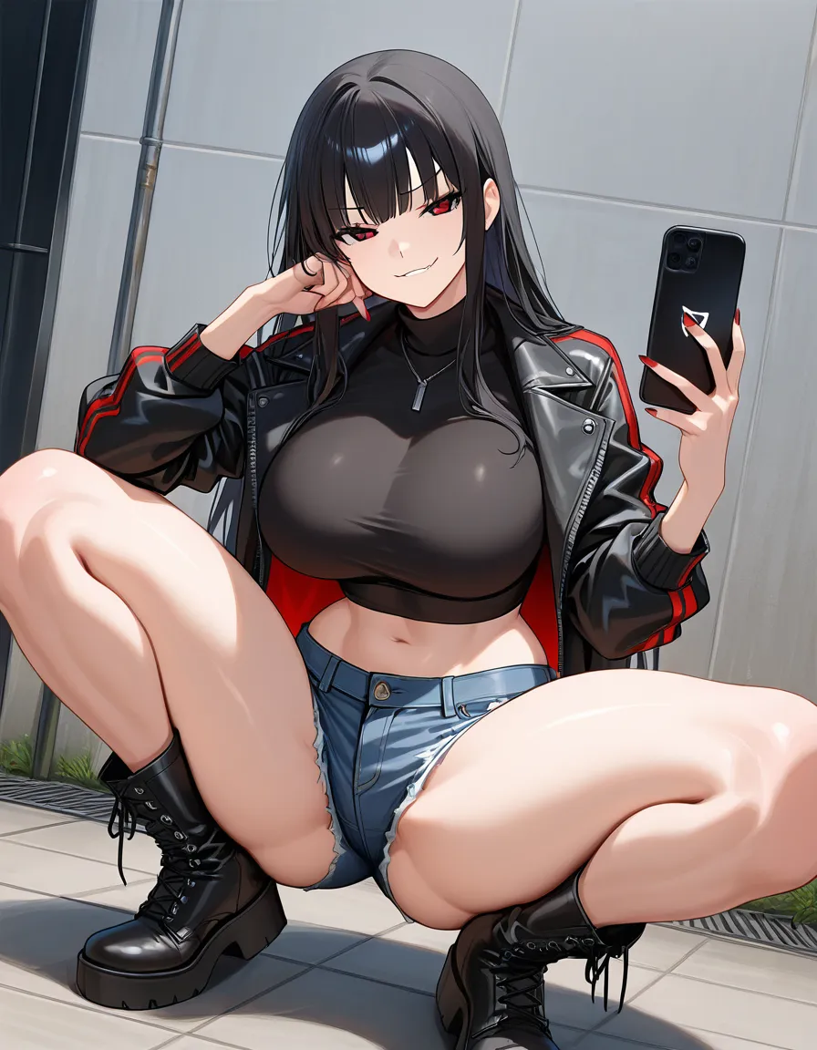long_hair black_hair red_eyes smug smirk open_jacket crop_top denim_shorts boots ket large_breasts wide_hips thick_thighs 1girl looking_at_viewer squatting holding_phone hentai_studio_quality,, hentai_studio_quality