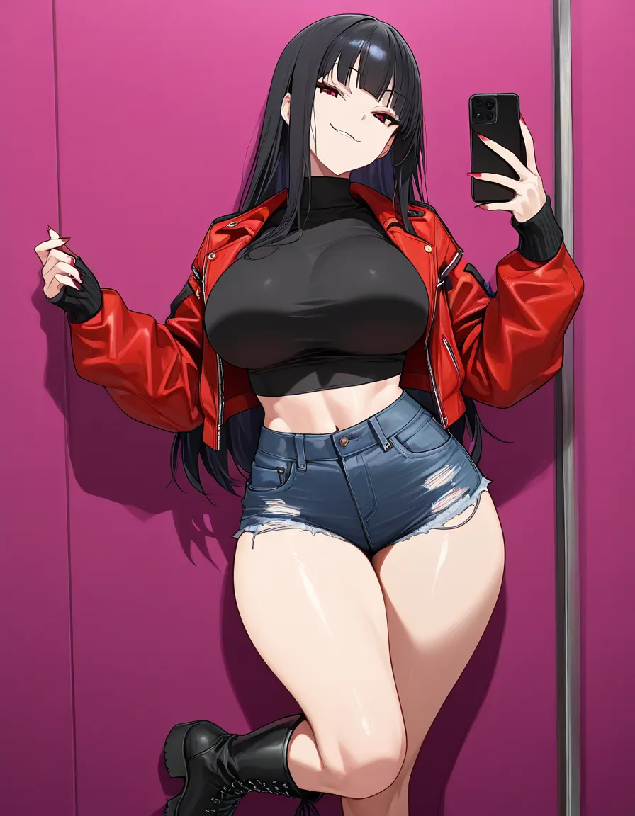 long_hair black_hair red_eyes smug smirk open_jacket crop_top denim_shorts boots ket large_breasts wide_hips thick_thighs 1girl looking_at_viewer sexually_suggestive holding_phone hentai_studio_quality,, hentai_studio_quality
