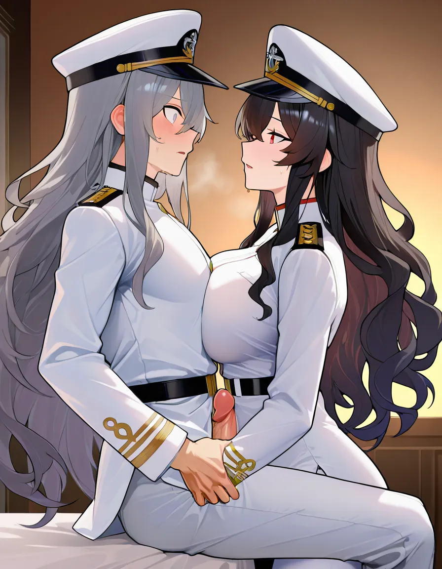 /masterpiece absurdres /ultra_detailed outline commander_(azur_lane) black_haired_male wavy_hair mature_male short_haired_male blue_eyed_male peaked_cap white_naval_uniform pants_down yorktown_(azur_lane) long_haired_female grey_haired_female futa_on_male futa_penetrating_male male_penetrated femdom assertive_female submissive_male huge_breasts huge_ass thick_thighs standing standing_sex bent_over against_wall ahegao smile half-closed_eyes full_body, hentai_studio_quality