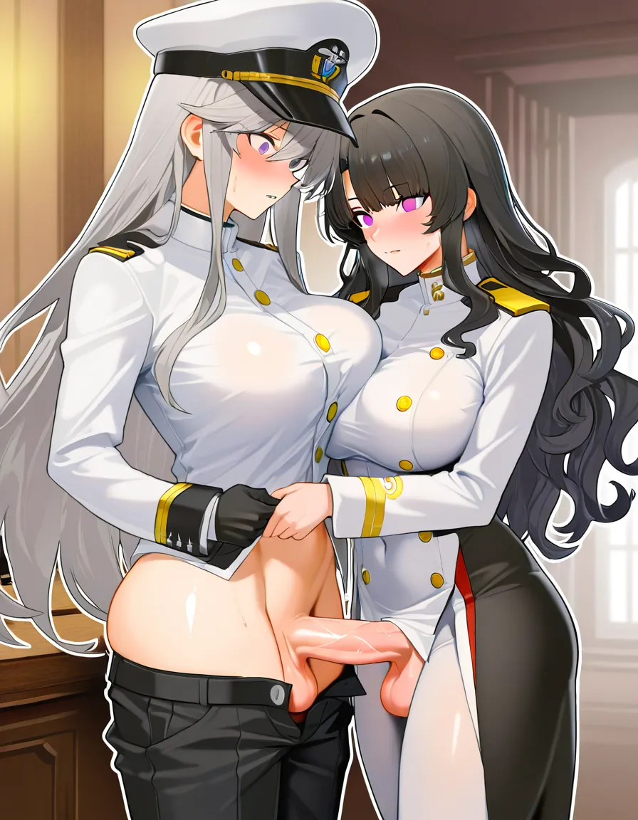 /masterpiece absurdres /ultra_detailed outline commander_(azur_lane) black_haired_male wavy_hair mature_male short_haired_male blue_eyed_male peaked_cap white_naval_uniform pants_down enterprise_(azur_lane) long_haired_female grey_haired_female futa_on_male futa_penetrating_male male_penetrated femdom assertive_female submissive_male huge_breasts huge_ass thick_thighs standing_sex male_bent_over against_wall ahegao moaning smile full_body, hentai_studio_quality