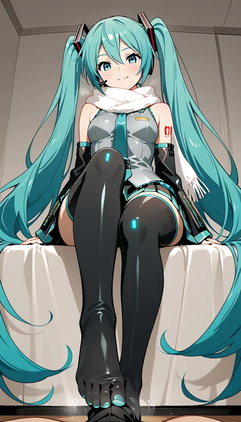 best quality, intricate details, brunette woman, footjob, scarf, skirt, anime style Hatsune Miku
