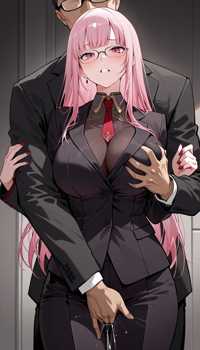 #looking_at_viewer, grabbing_another's_breast, grabbing_from_behind, @mori_calliope, glasses, suit, fingering, orgasm,