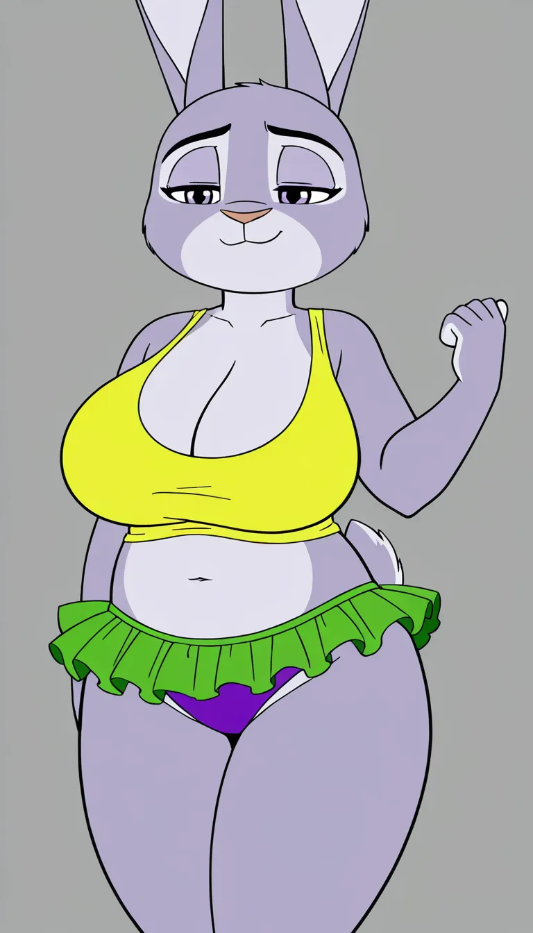 Bonnie hopps from Zootopia, with a chubby anthro body and with thick thighs, wide hips and huge breasts. She wears a yellow tank top, and a green tutu. Bonnie Hopps is also wearing purple panties with carrots on them under her tutu as well as no ballet shoes, paws out. Bonnie has her back turned towards the camera as she bends over showing her big butt and panties while also shaking her butt at the camera too while alone in an empty dance studio. #Animated #2d #cartoon #furry
