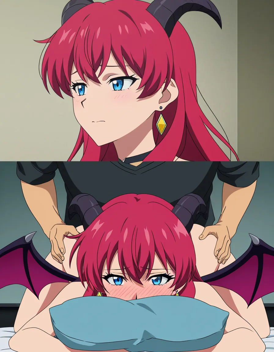 highres, vivid, succubus, bare shoulders, earrings, doggy style, pillow, nervous blush, vivid anime colors, (anime style:1.3), 2d, anime screencap, cel shading, flat color