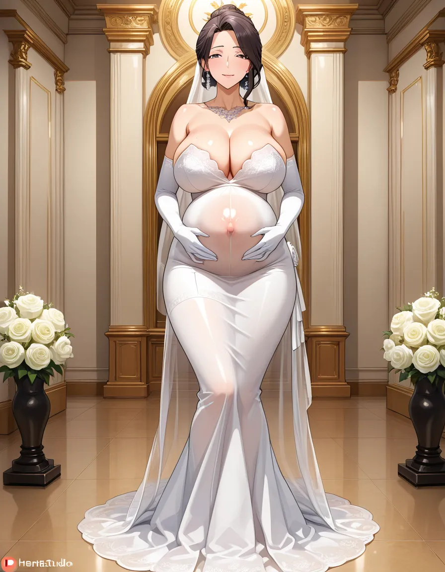 hentai_studio_quality, A hot pregnant mature_female wedding_dress, hentai_studio_quality