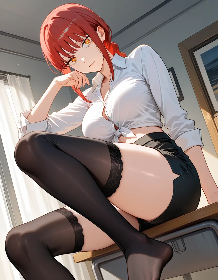 @makima_(chainsaw_man) #white_shirt #tied_shirt #black_thighhighs #looking_at_viewer #feet #sitting, hentai_studio_quality