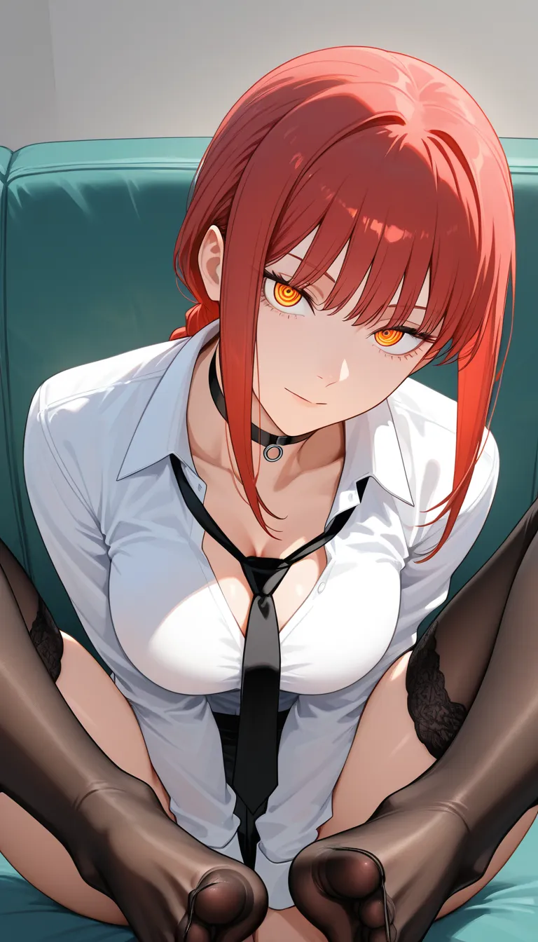 @makima_(chainsaw_man) #white_shirt #tie #black_thighhighs #looking_at_viewer #feet #sitting #choker feet up, hentai_studio_quality