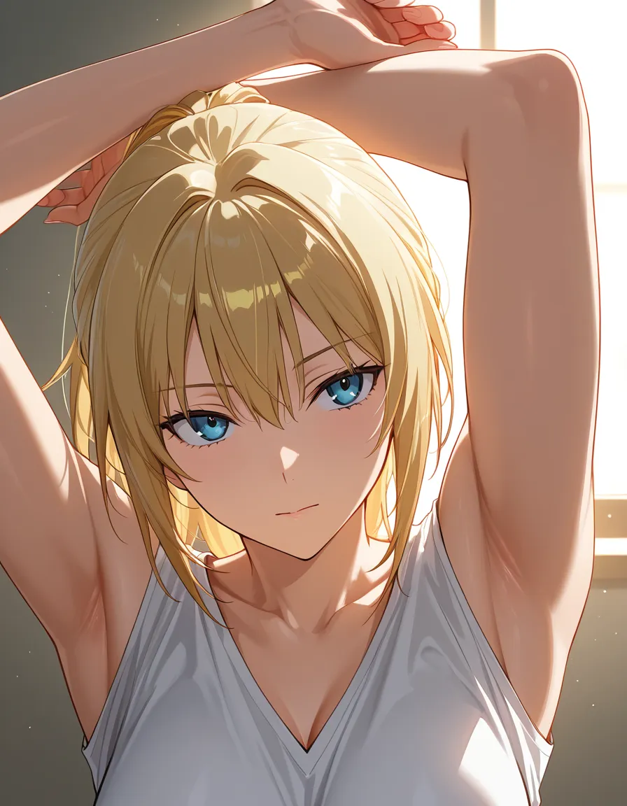 highly detailed, natural lighting, 1boy, soles, sleeveless, arms up, futanari, portrait, lifelike render, hentai_studio_quality
