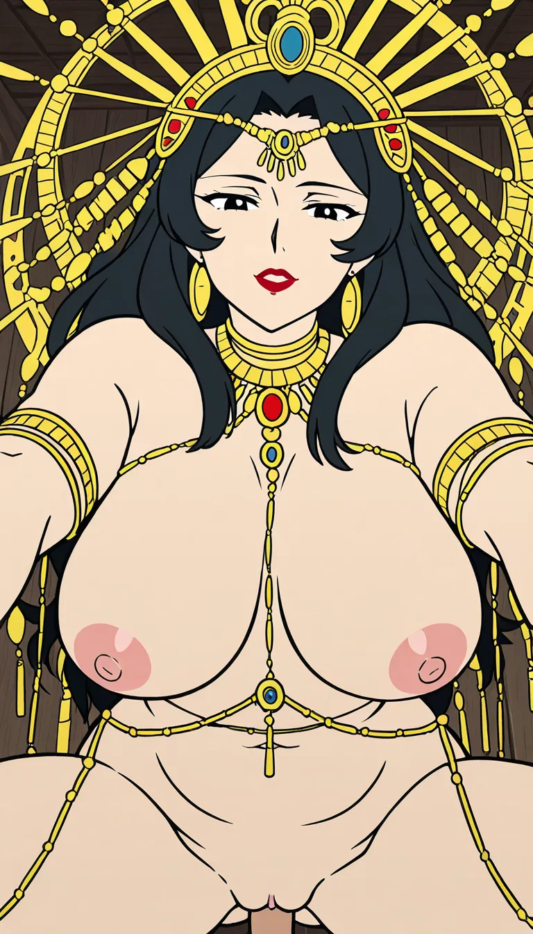 Adult Bengali Mother Goddess, Curvy, Broad shoulders and chest, thick arms thighs and pelvis, Ethnicity Hindu, Traditional Indian Ornaments and attire, Black eyes and long black hair, lipstick, Hindu Goddess crown, pov having sex with viewer, pussy, Geometrical Composition, flat 2D colour art with cell shading illustration, Traditional Bengali art with geometrical composition and character design, semi realistic