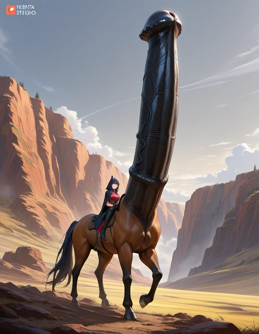 masterpiece, clean art, small woman with giant horse cock, hentai_studio_quality