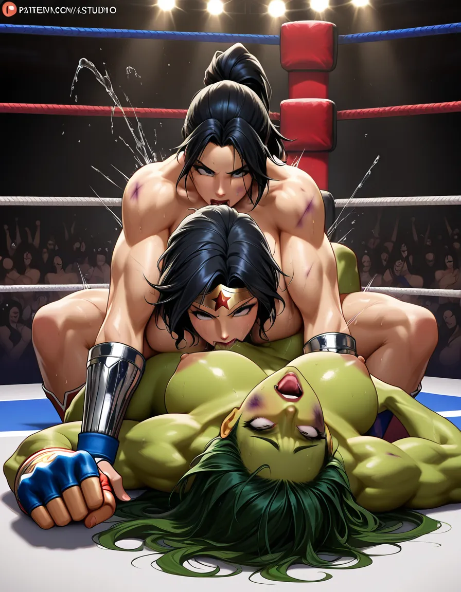 Wonder_woman , she_hulk, catfight, boxing,  wrestling , yuri , bruised , defeated , scared , ahegao , nude , squirting, gym, sex_toy, cunnilingus, hentai_studio_quality, hentai_studio_quality