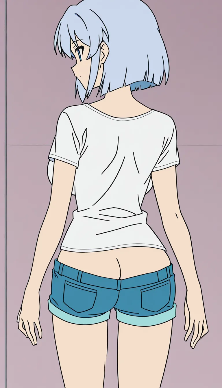 A dragon girl with a huge bust and buttocks, wearing a very short T-shirt that reveals the underside of her breasts and very short blue shorts that show part of her buttocks; she is standing next to another busty girl who is touching the dragon girl's breasts., big boob, big breast, sexy, big ass