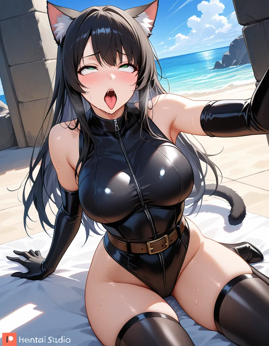 masterpiece, clean art, catgirl, thighhighs, belt, ahegao, ocean, smoldering look, manga panel look, hentai_studio_quality