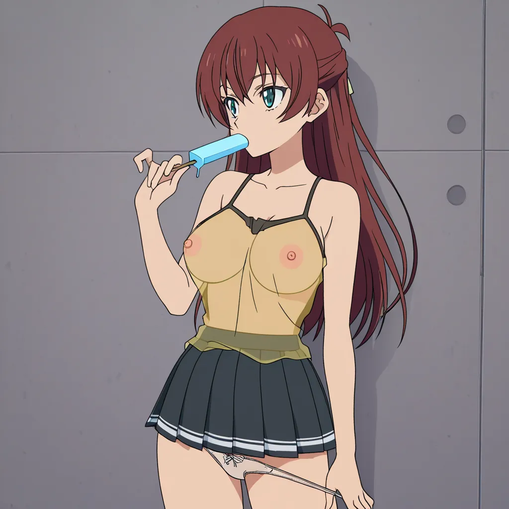 large_breasts panties camisole, pleated_skirt, see-through_clothes, nipples, popsicle, panty_pull, (anime style:1.3), 2d, anime screencap, cel shading, flat color, @00osamio00