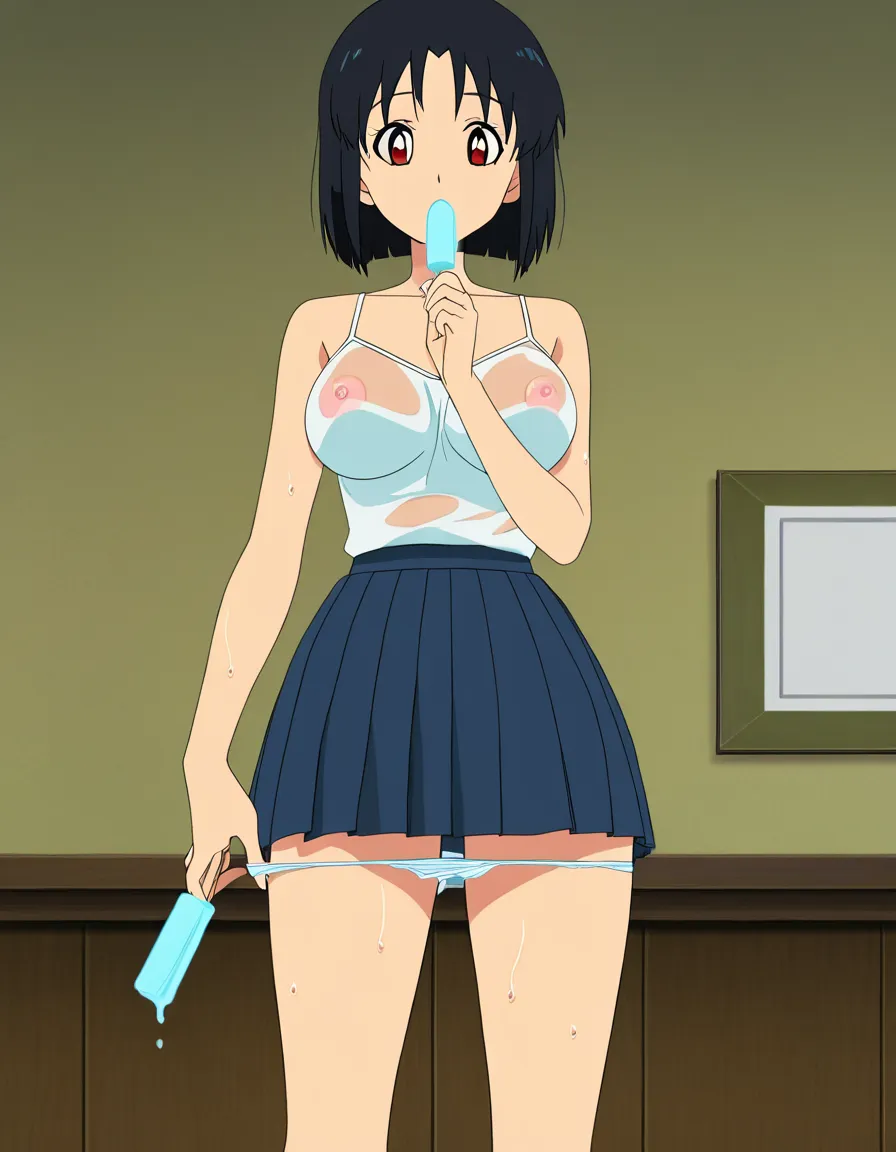 large_breasts panties camisole, pleated_skirt, see-through_clothes, nipples, popsicle, panty_pull, wet_clothes (anime style:1.3), 2d, anime screencap, cel shading, flat color, @00osamio00, (anime style:1.3), 2d, anime screencap, cel shading, flat color, @00osamio00