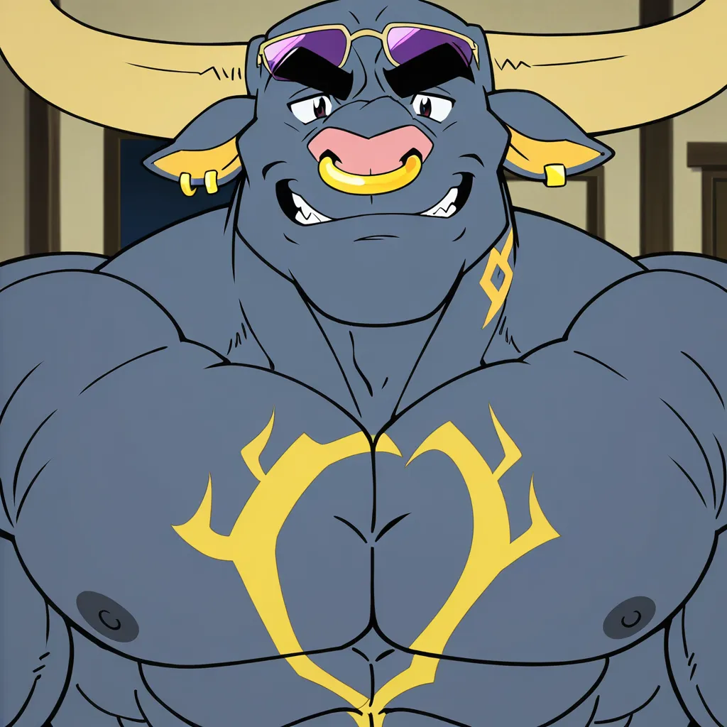 Naked buff cyan male bull, big and huge muscles, cyan body, yellow horns, yellow ear piercings, yellow nose ring, pink nose, purple sunglasses, thick black eyebrows, tattoo on back, tattoos on shoulders, tattoos on arms, smiling, grinning, bull tail, blue body, big butt, rear view, anal, penis in anus, gay sex