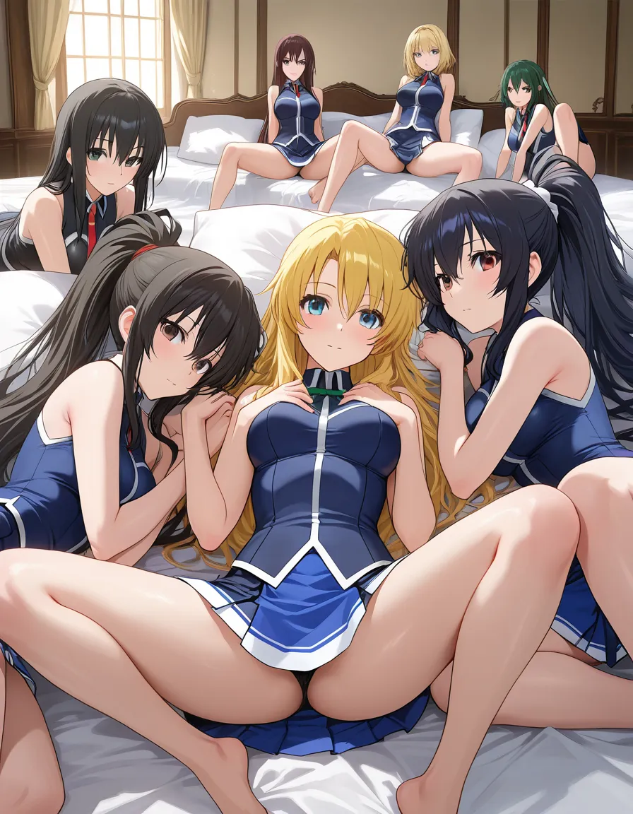 best quality, polished, 6+girls, bare shoulders, skirt, spread legs, pillow, dreamy atmosphere, visual novel legs_apart, hentai_studio_quality
