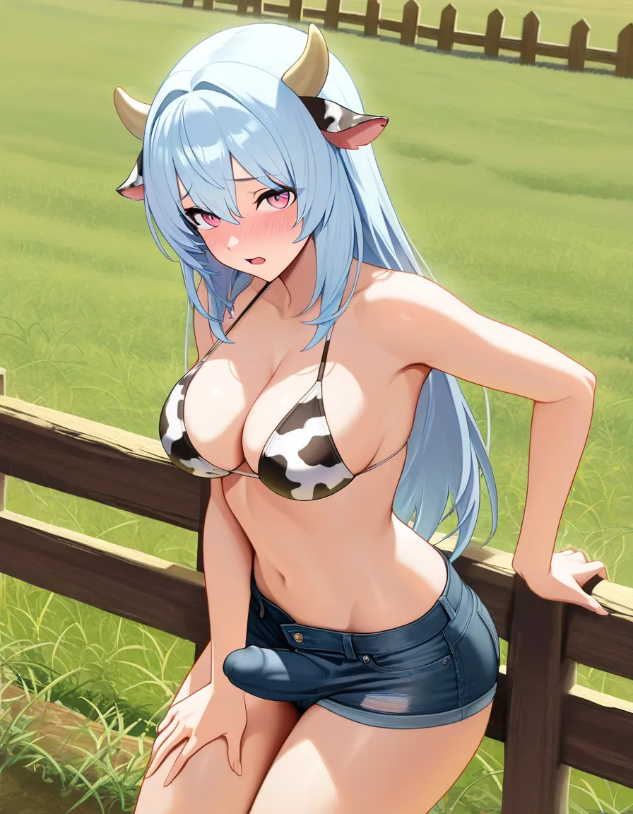 detailed shading, masterpiece, futanari, light blue hair, pink_eyes, cow_horns, cow_ears, cow_print, medium_breasts, bikini top, denim_shorts, erection_under_clothes, hand_on_own_thigh, blush, open_mouth, field, wood fence, hentai_studio_quality