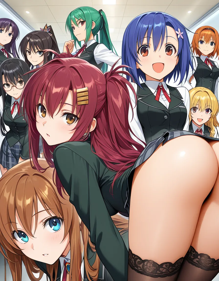 masterpiece, best quality, 6+girls, bent over, buttons, hair ornament, visual novel art, hentai_studio_quality