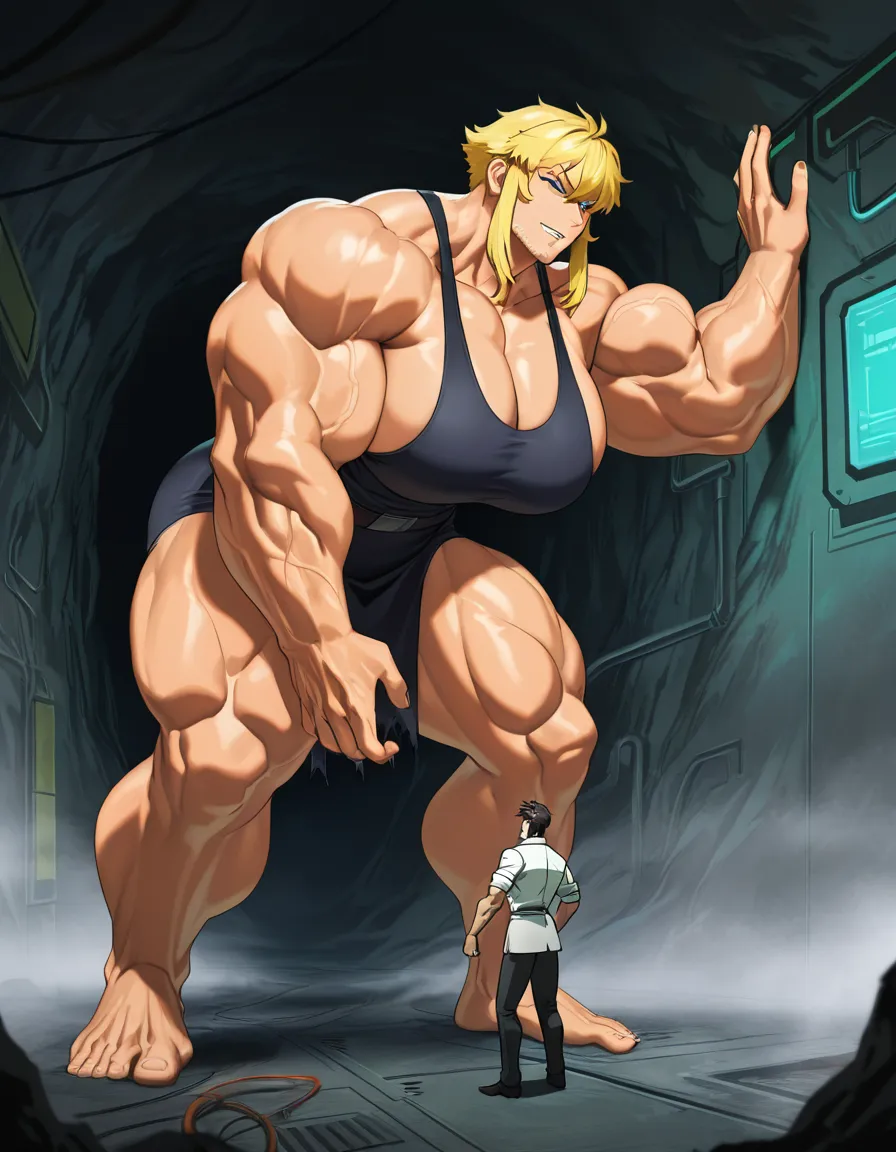 Giant muscular_female, petite male, male stubble, adults, extreme size_difference, male scientist, female torn_clothes, female bare_arms bare_legs bare_pectorals, female blonde_hair short_hair_with_long_locks , underground lab, fog, science_fiction , femdom, pinned male against_wall, assertive_female, serious female looking_at_another, nervous blush male looking_up , breast_press, male black medium_hair, female abs, female big biceps, female big shoulders, female thick_thighs, female huge_ass, female wide_hips, huge_breasts, gigantic tall female, male narrow_waist, scary female, throat lift, domination, eye_contact, aged_up, hentai_studio_quality