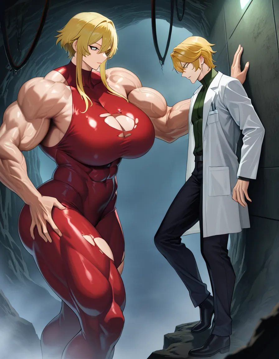 Giant muscular_female, petite male, adults, extreme size_difference , female torn_clothes, ripped bodysuit, female bare_arms bare_legs bare_pectorals, female blonde_hair short_hair_with_long_locks , male scientist lab_coat, underground lab, fog, science_fiction , femdom, pinned male against_wall, assertive_female, serious female looking_at_another, nervous blush male looking_up , breast_press, male black medium_hair, female abs, female big biceps, female big shoulders, female thick_thighs, female huge_ass, female wide_hips, huge_breasts, male narrow_waist, scary female, throat lift, female carrying male, domination, eye_contact, aged_up, hentai_studio_quality