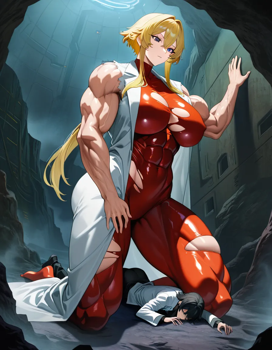 Giant muscular_female, petite male, adults, extreme size_difference , female torn_clothes, ripped bodysuit, female bare_arms bare_legs bare_pectorals, female blonde_hair short_hair_with_long_locks , male scientist lab_coat, underground lab, fog, science_fiction , femdom, pinned male against_wall, assertive_female, serious female looking_at_another, nervous blush male looking_up , breast_press, male black medium_hair, female abs, female big biceps, female big shoulders, female thick_thighs, female huge_ass, female wide_hips, huge_breasts, male narrow_waist, male stubble, throat lift, female carrying male, domination, eye_contact, aged_up, hentai_studio_quality