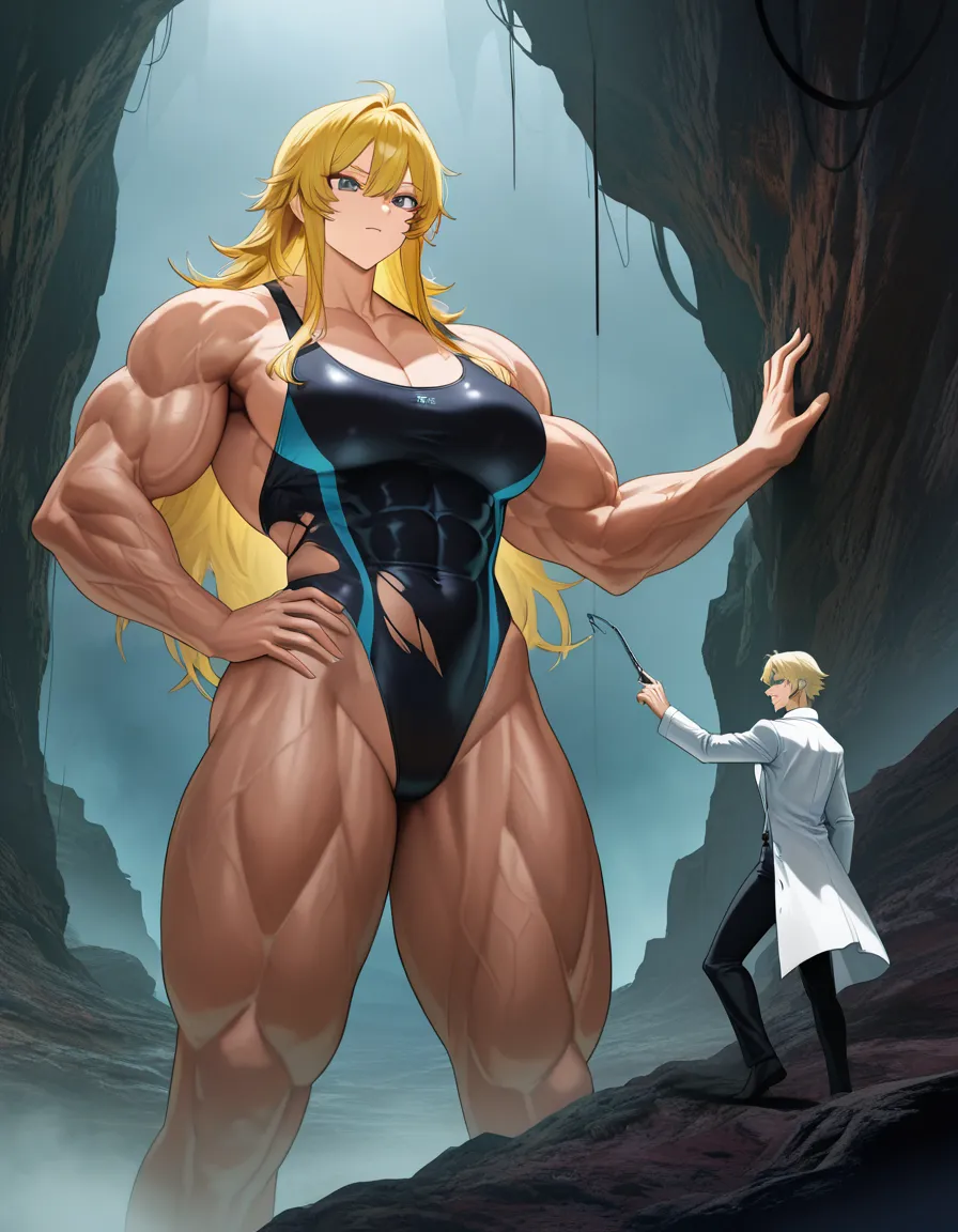 Giant muscular_female, petite male, adults, extreme size_difference , female torn_clothes, shredded one-piece_swimsuit , female bare_arms bare_legs bare_pectorals, female blonde_hair short_hair_with_long_locks , male scientist lab_coat, underground lab, fog, science_fiction , femdom, pinned male against_wall, assertive_female, serious female looking_at_another, nervous blush male looking_up , breast_press, male black medium_hair, female abs, female big biceps, female big shoulders, female thick_thighs, female huge_ass, female wide_hips, huge_breasts, male narrow_waist, male stubble, throat lift, female carrying male, domination, eye_contact, aged_up, hentai_studio_quality