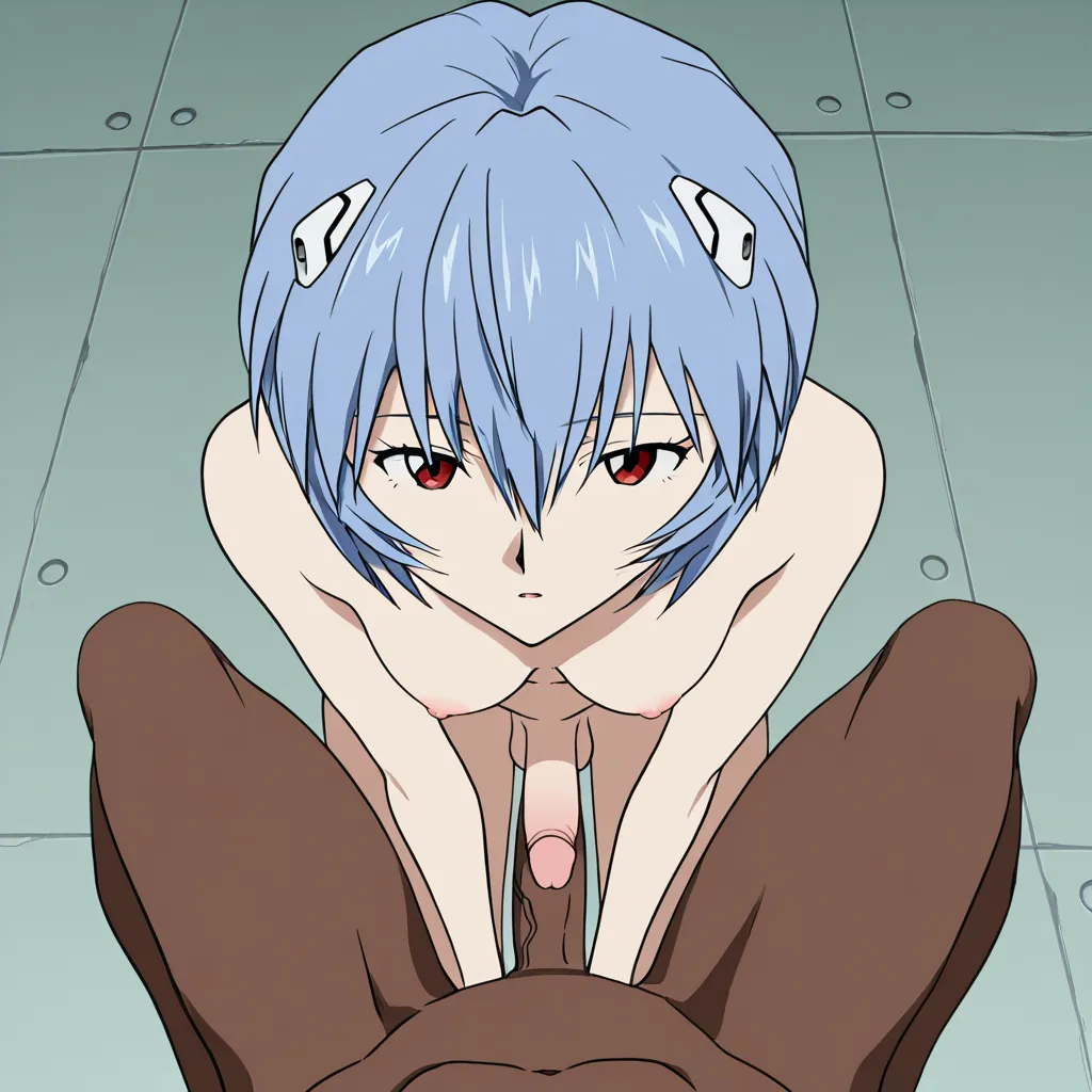 @ayanami_rei, futanari, white_skin, completely_nude, leaning_forward, straight-on, 1boy, interracial, anal, (anime style:1.3), 2d, anime screencap, cel shading, flat color, @00osamio00