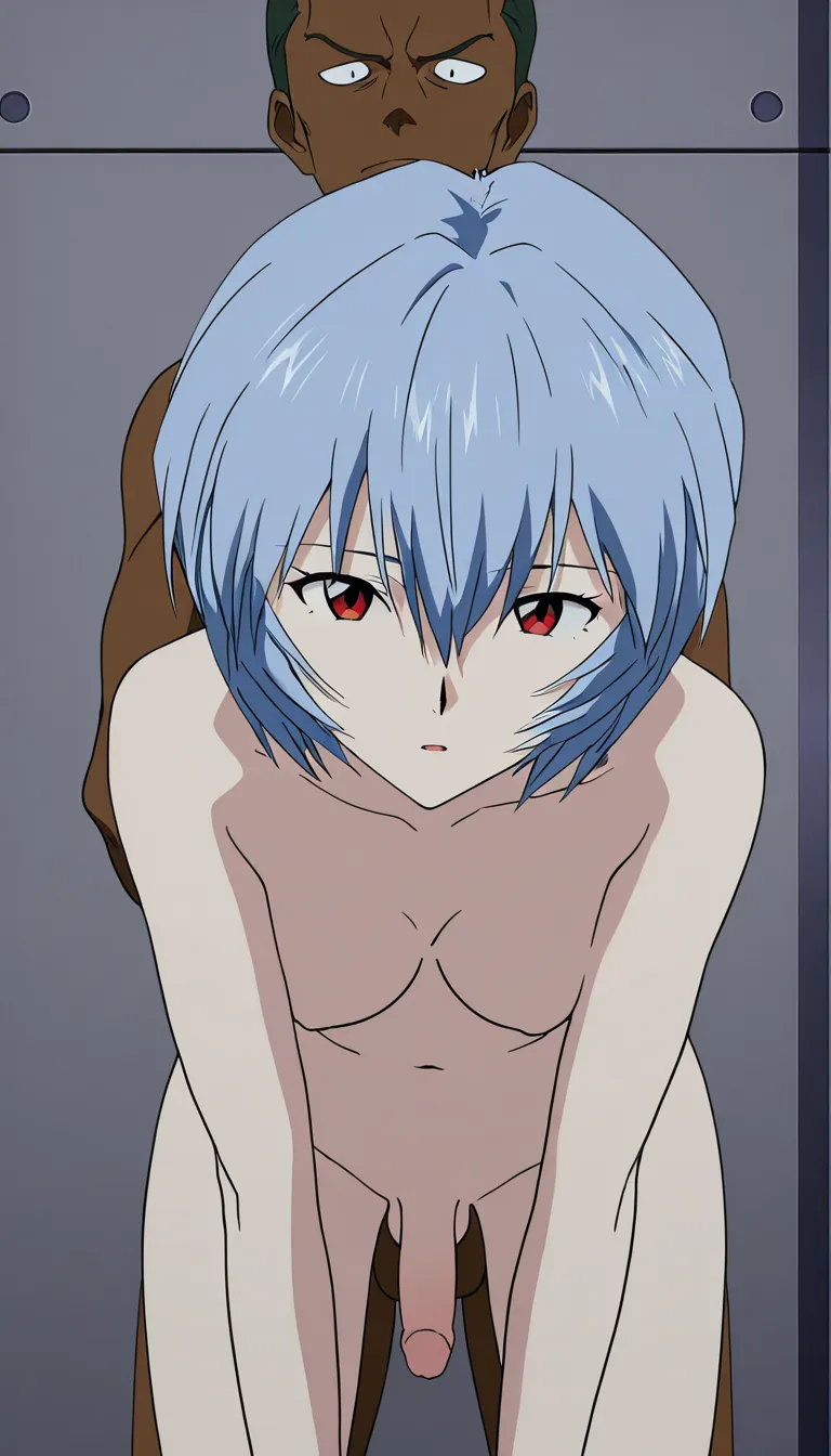 @ayanami_rei, futanari, white_skin, completely_nude, leaning_forward, straight-on, 1boy, interracial, anal, (anime style:1.3), 2d, anime screencap, cel shading, flat color, @00osamio00