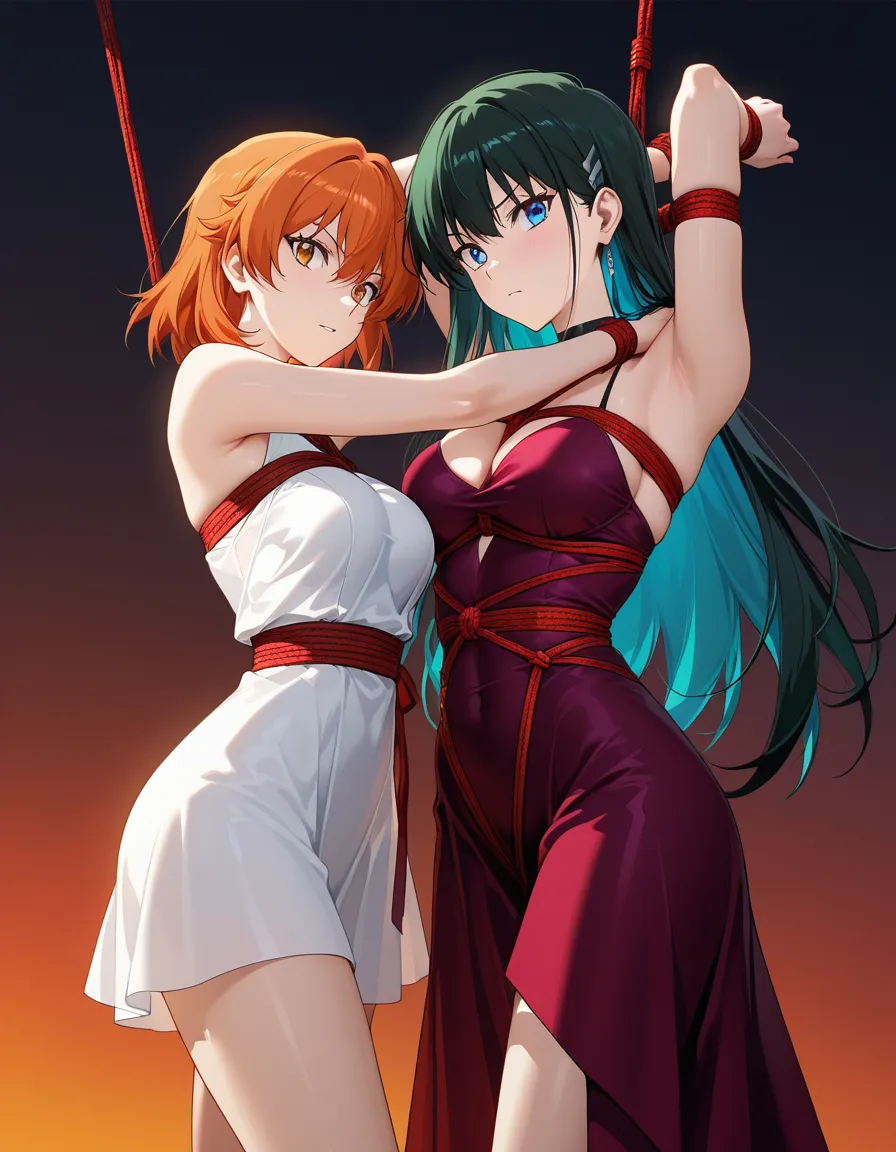 highly detailed, sharp, 2girls, dress, bondage, cowboy shot, vivid anime colors, hentai_studio_quality