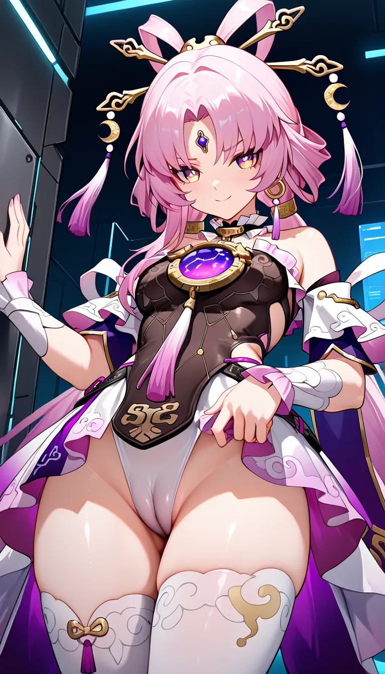 Masterpiece,1girl, Fu Xuan from Honkai Star Rail, cameltoe, Determinated Smile, Tech Corridor background, hentai_studio_quality, hentai_studio_quality, hentai_studio_quality, hentai_studio_quality, hentai_studio_quality