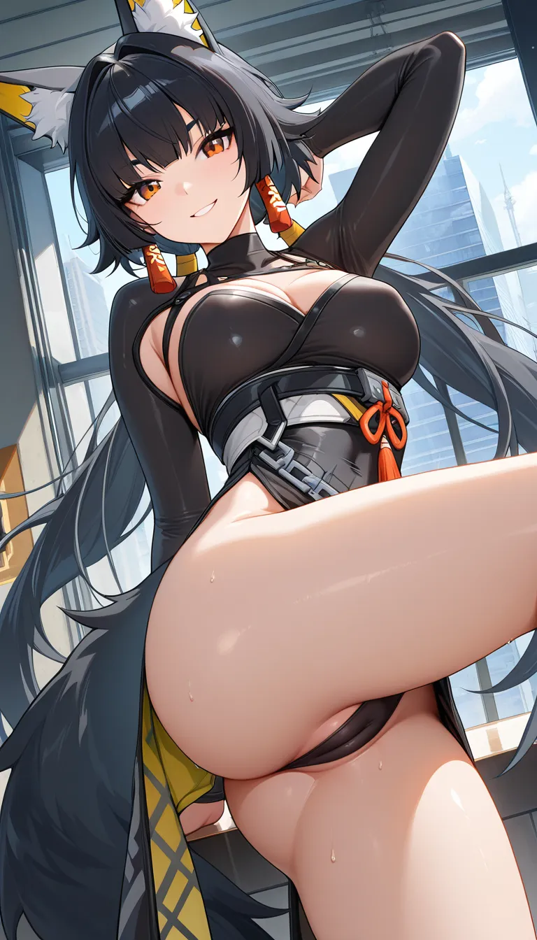 masterpiece, Hoshimi Miyabi character from Zenless zone Zero, natural medium_breasts not hanging, look at viewer, cameltoe, Smile, hentai_studio_quality, hentai_studio_quality, hentai_studio_quality