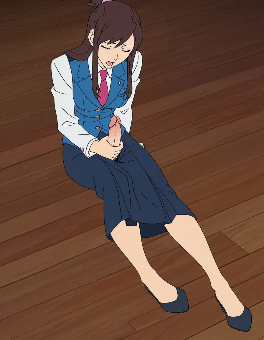 Ema Skye from Ace Attorney, Full body, in clothed, futanari masturbation, (anime style:1.3), 2d, anime screencap, cel shading, flat color