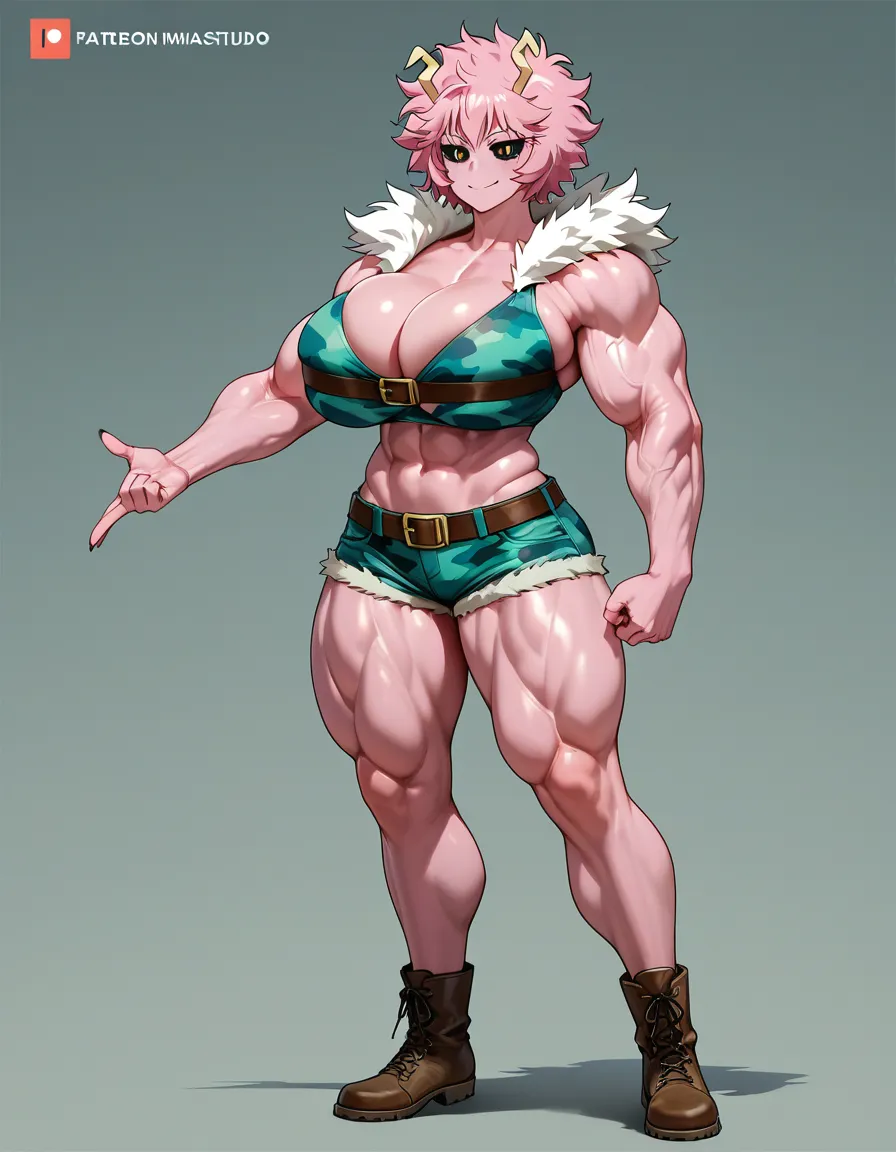 Mina Ashido, huge breast, muscular female, huge muscles, full body, belt on breast, hentai_studio_quality