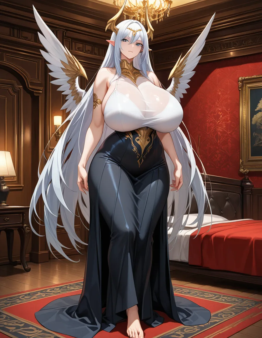 ultra detailed shading, Lorem, solo, huge breast, full body, in bedroom, taller female, alternate breast size, detailed shading, hentai_studio_quality